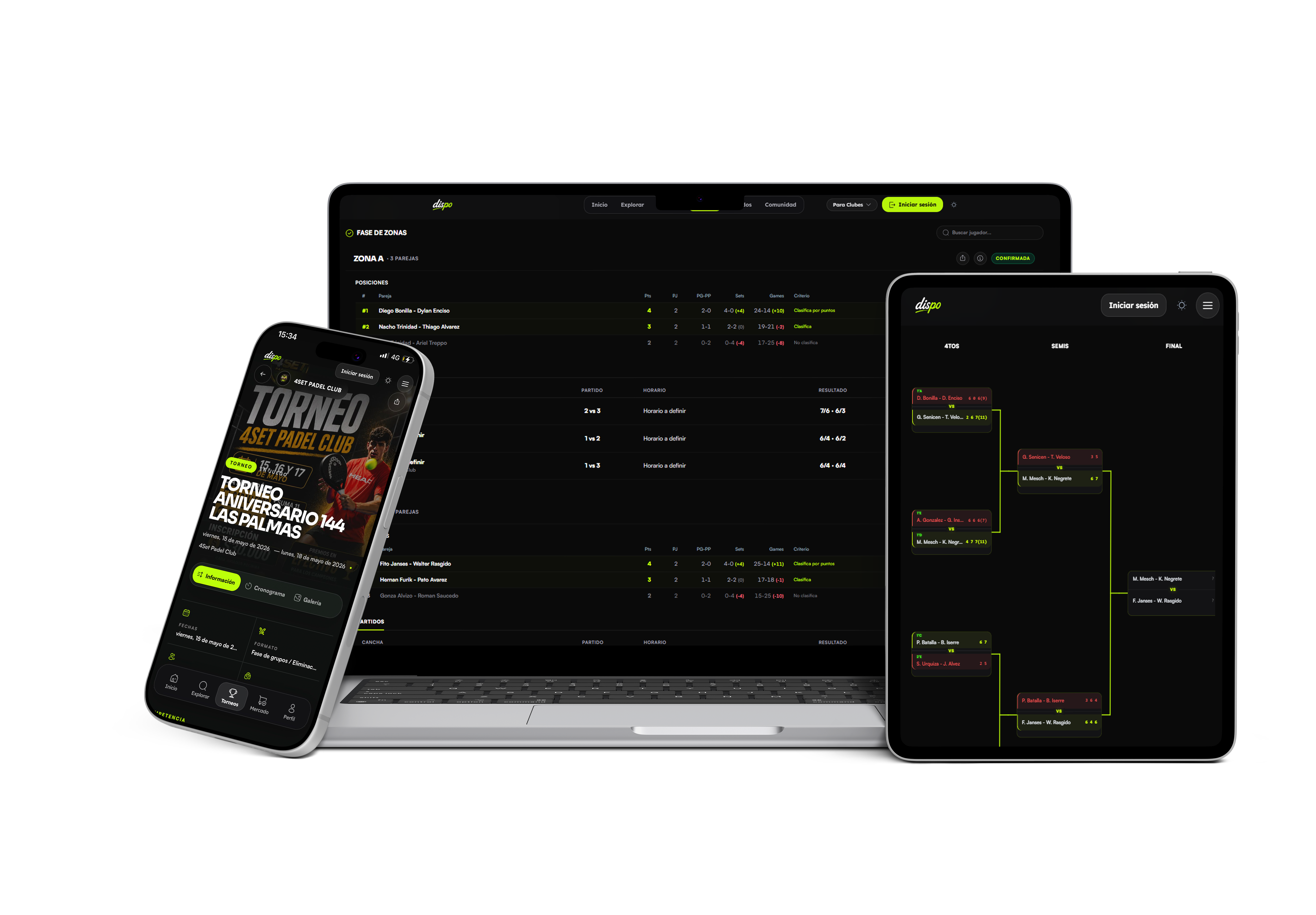 Software de Torneos Dispo - Mockup de Laptop, Smartphone y Tablet